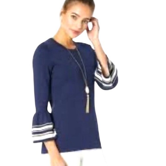 Lily Pulitzer Navy Blue Pullover Sweater 3/4 Bell Sleeve Gold Detail Size Medium - Picture 2 of 10